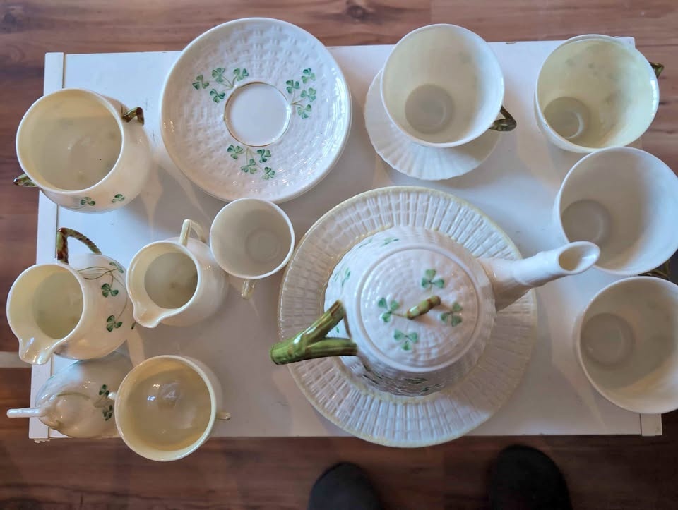 Vintage Belleek Ireland Shamrock Tea Set – Basketweave Porcelain