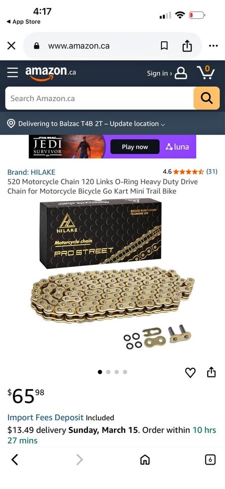 Pro street motorcycle chain (solid bush chain, longer life) new.