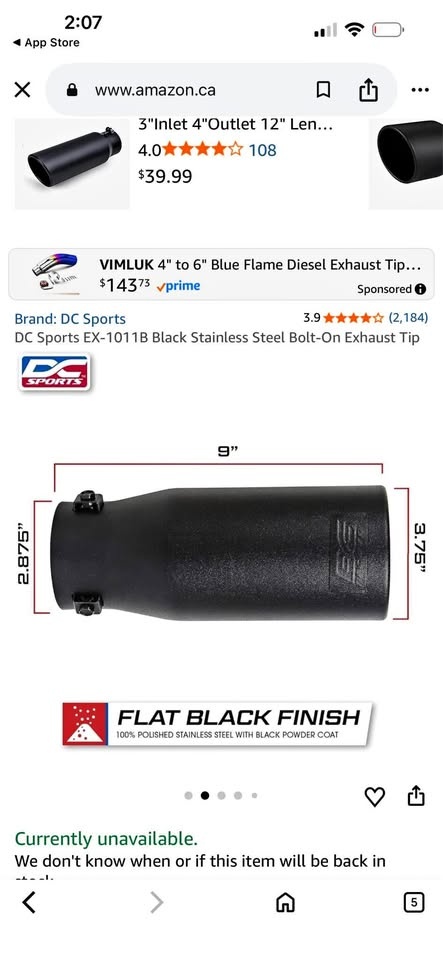 DC Sports EX-1011B Exhaust Tip - Black Stainless Steel