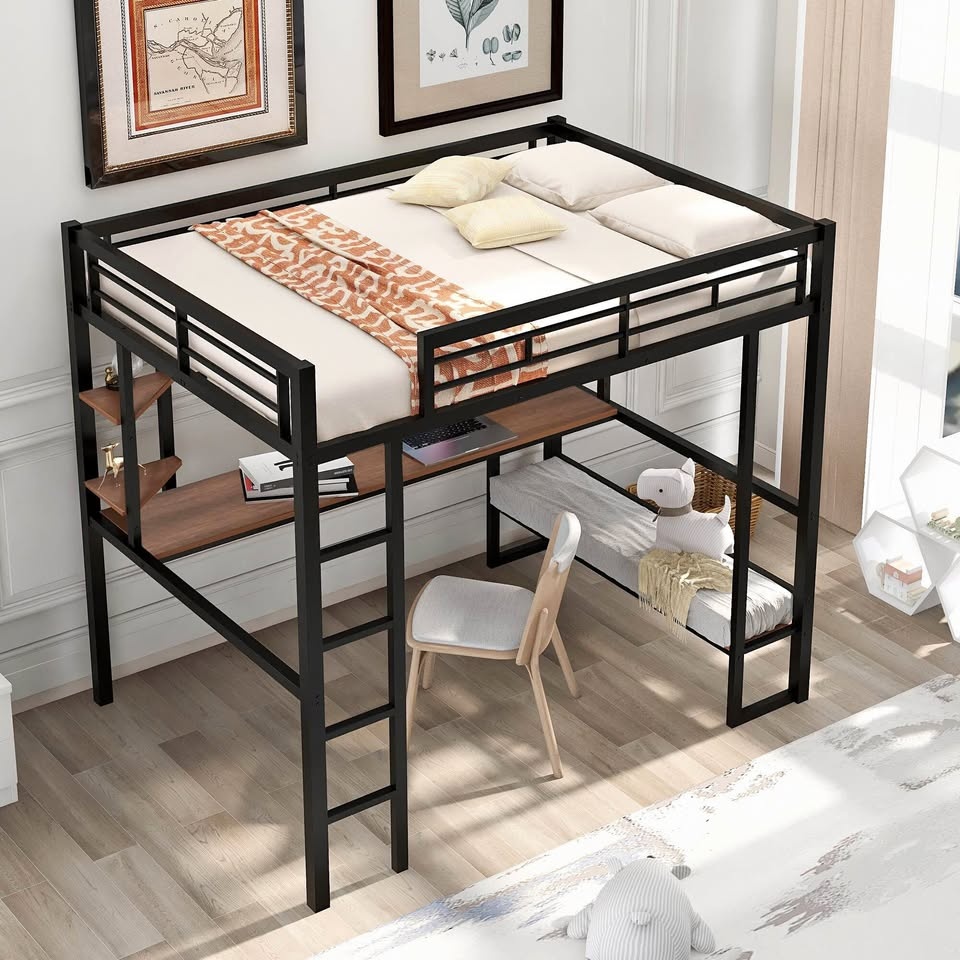 Full Size Loft Bed with Desk & Shelves – Metal Frame
