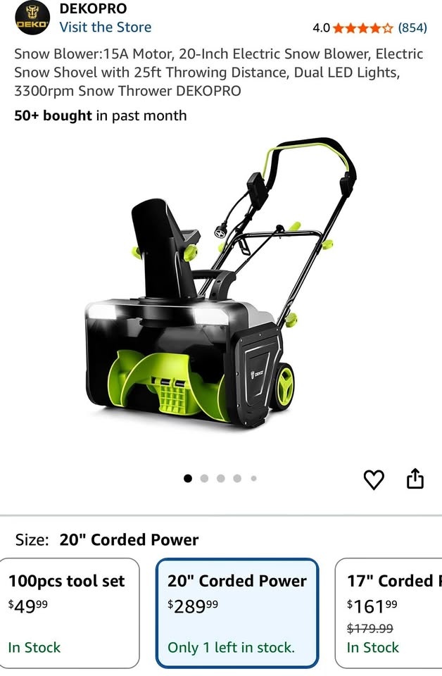 DEKOPRO 20” Electric Snow Blower – 15A Motor