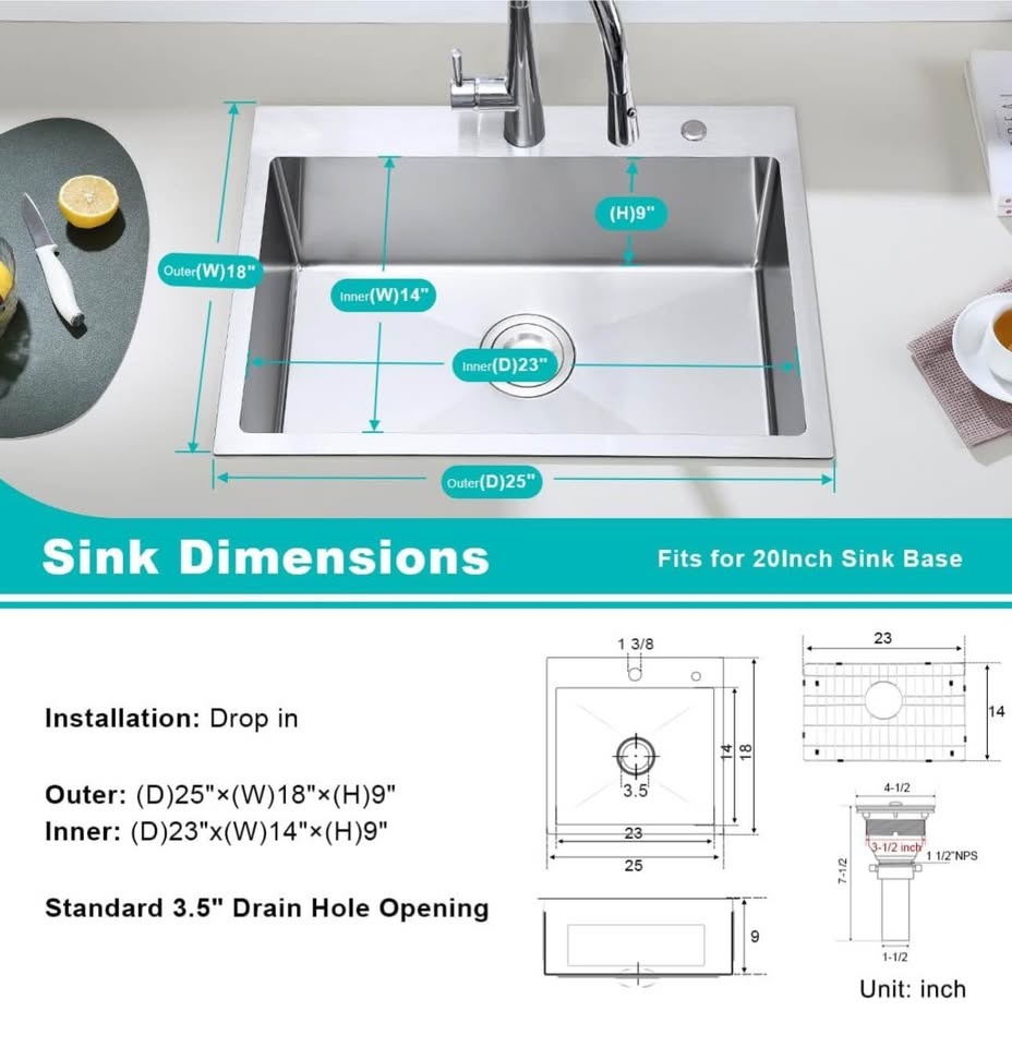 Premium 25” Stainless Steel Drop-In Kitchen Sink - photo 4