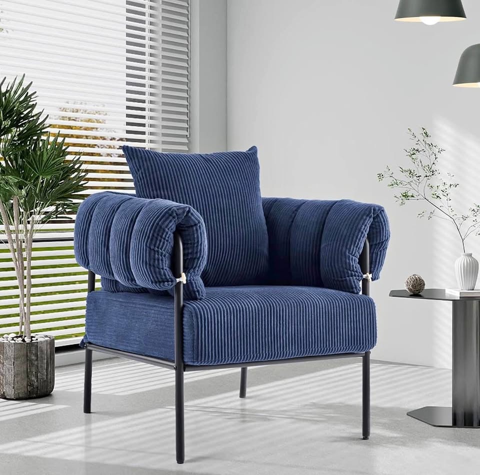 Modern Blue Accent Chair with Pillow – Cozy Upholstered Reading