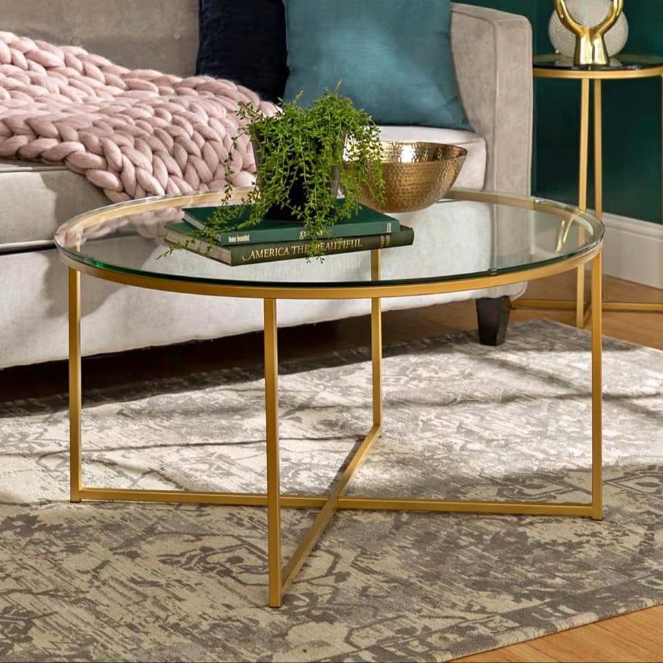 Welwick Designs 36-inch Clear/Gold Round Glass Coffee Table