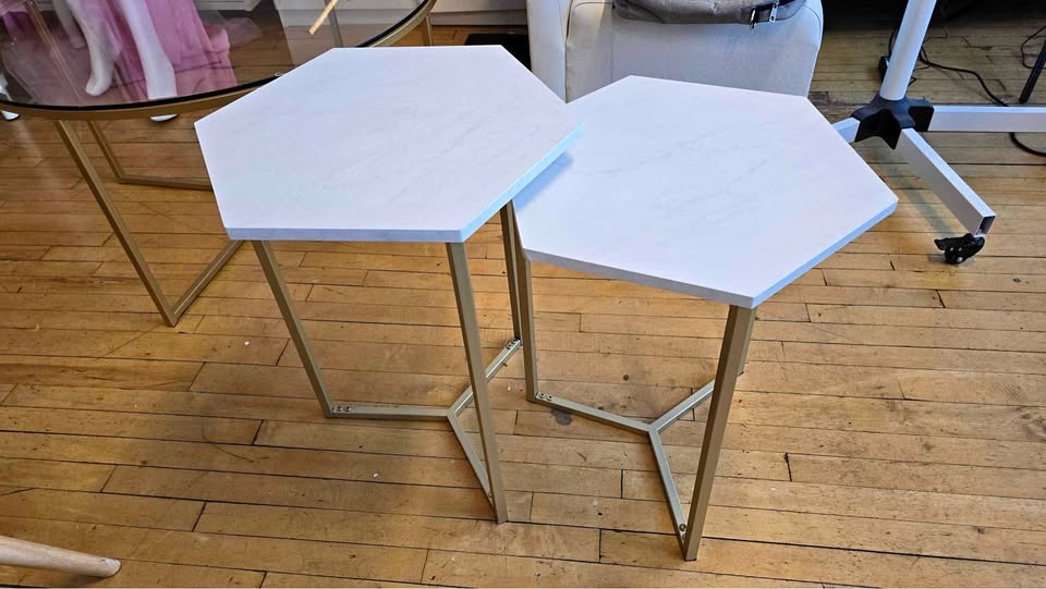 Walker Edison Hexagon Wood Tables, Set of 2 - faux white marble/
