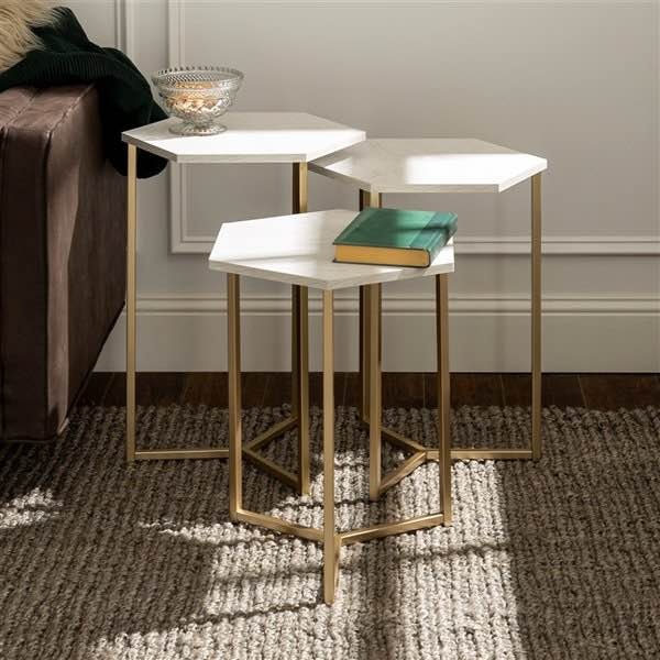 Walker Edison Hexagon Wood Tables, Set of 2 - faux white marble/ - photo 2