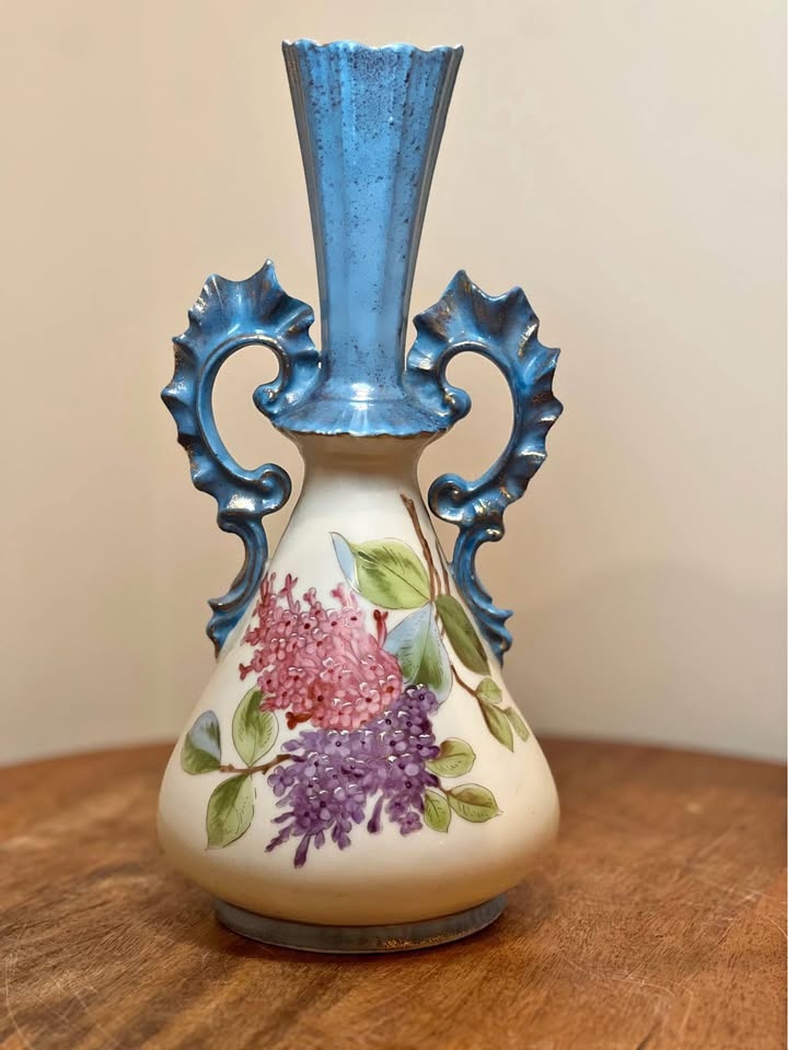 Vintage Hand-Painted Double Handle Floral Vase 9.5” Tall