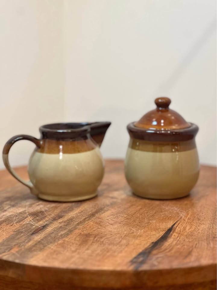 Vintage Stoneware 3 Tone Brown Sugar & Creamer Set