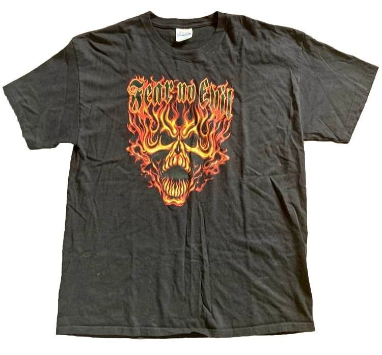 VINTAGE 2000s Fear No Evil T Shirt XL Y2K SKULL FLAMES