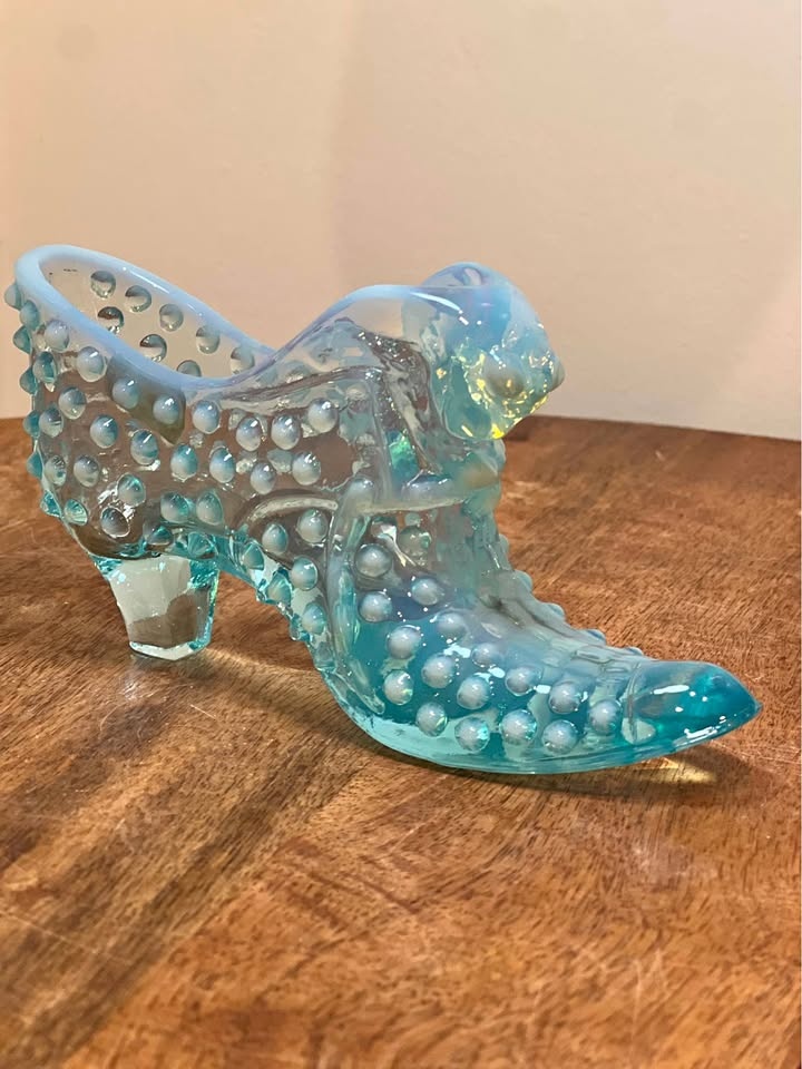 Vintage Fenton Hobnail Opalescent Blue Glass Shoe Slipper Cat