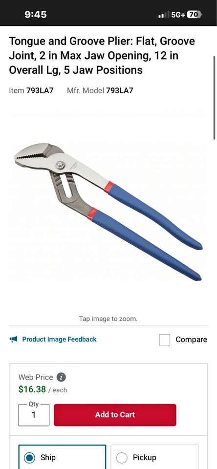 Tongue and Groove Plier: Flat, Groove Joint, 12 in