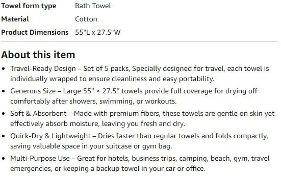 Travel Bath Towels, Soft, Quick Dry, 55 × 27.5 (5 PK) image indicator(3)