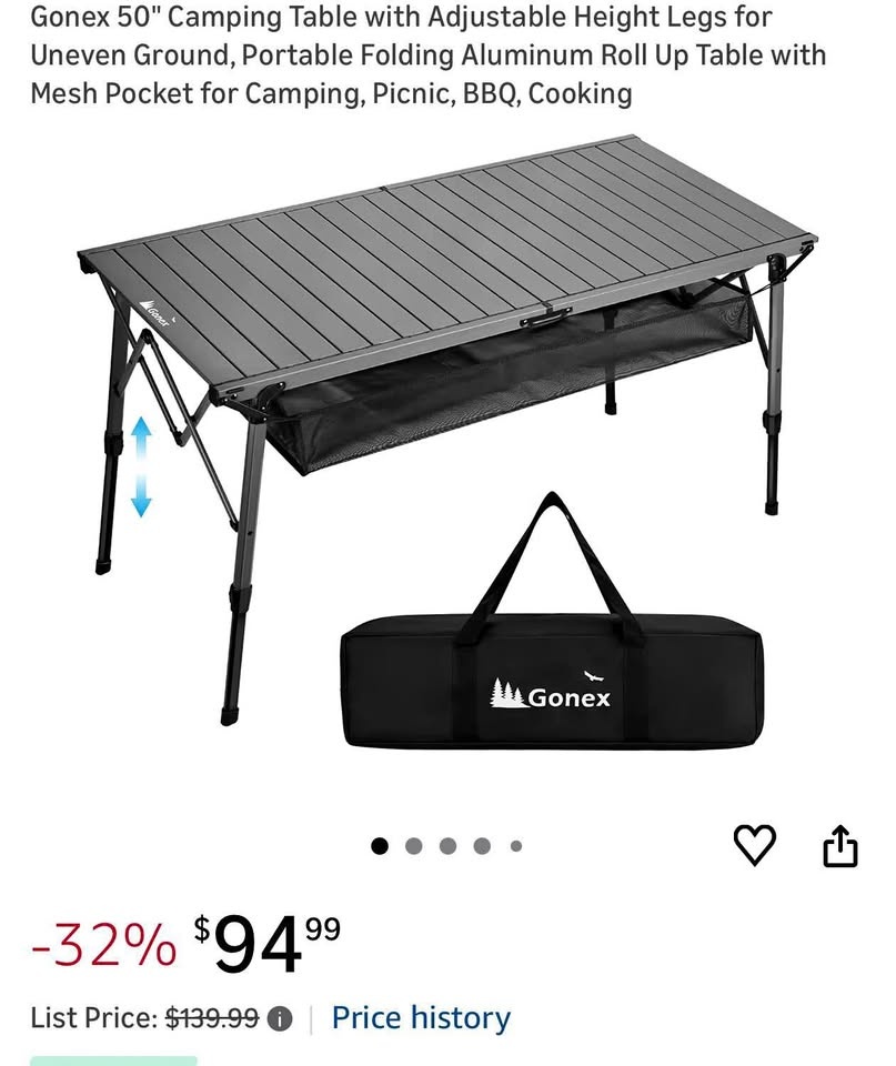 50" Camping Table with Adjustable Height Legs - Brand New