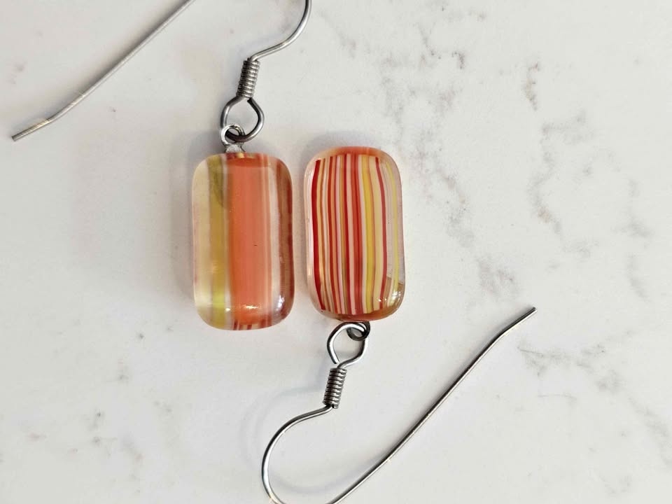 Orange, Yellow & Red Striped Glass Dangle Earrings