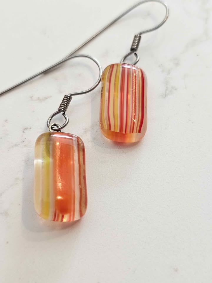 Orange, Yellow & Red Striped Glass Dangle Earrings - photo 2