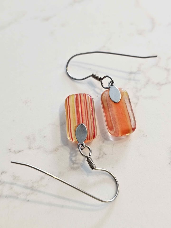 Orange, Yellow & Red Striped Glass Dangle Earrings - photo 3
