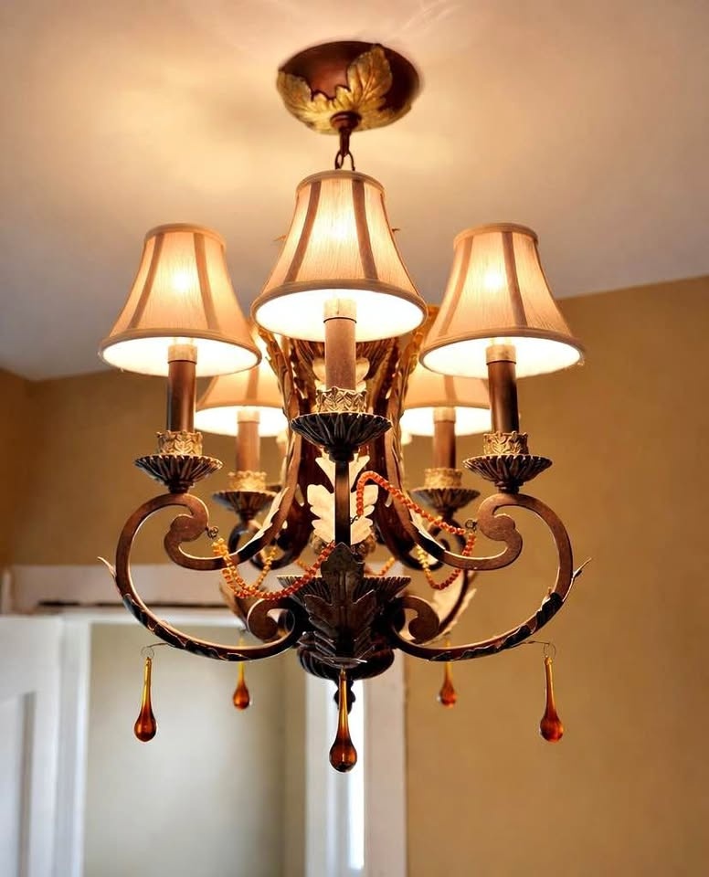 Elegant 5-Light Bronze Chandelier with Shades & Crystal Accents
