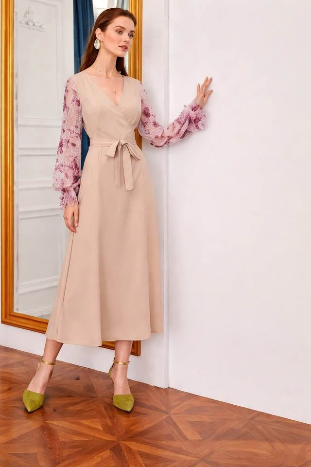 Long Modest Floral Sleeve Belted Dress