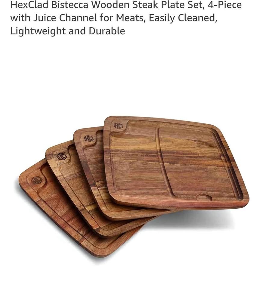 HexClad Bistecca Wooden Steak Plate Set - 4 Pc, Brand New