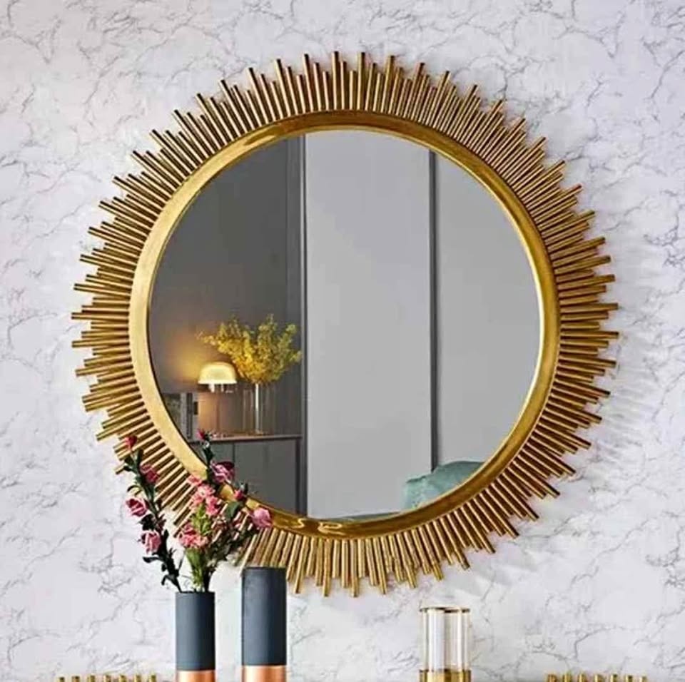 3ft Golden Sunburst Round Wall Mirror – Modern Decorative Accent