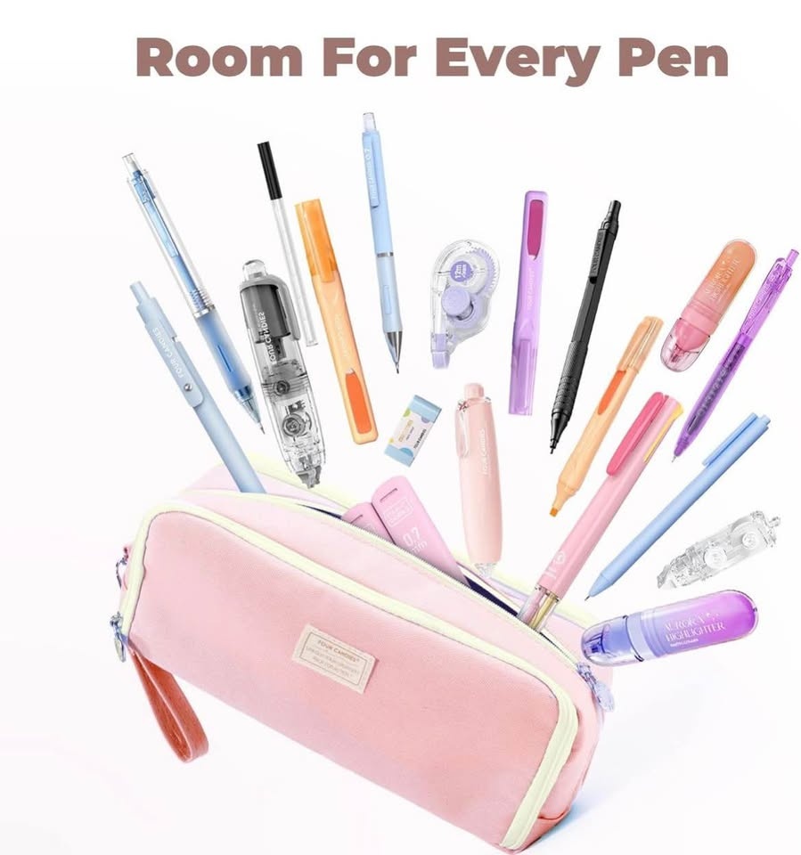 NEW Pink Pencil Case 3 Compartment, Large Pencil Pouch - photo 2