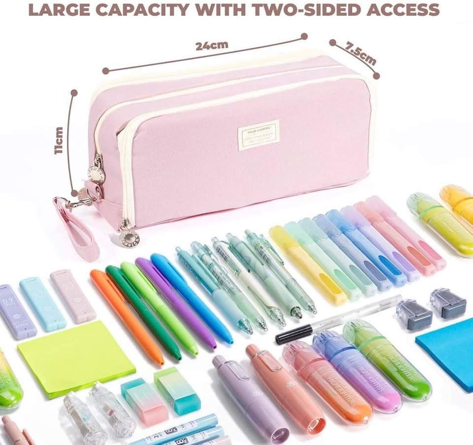 NEW Pink Pencil Case 3 Compartment, Large Pencil Pouch - photo 3