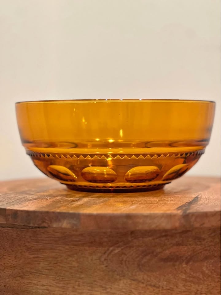 Vintage Indiana Glass Bowl Amber Kings Crown 9.25” Round MCM