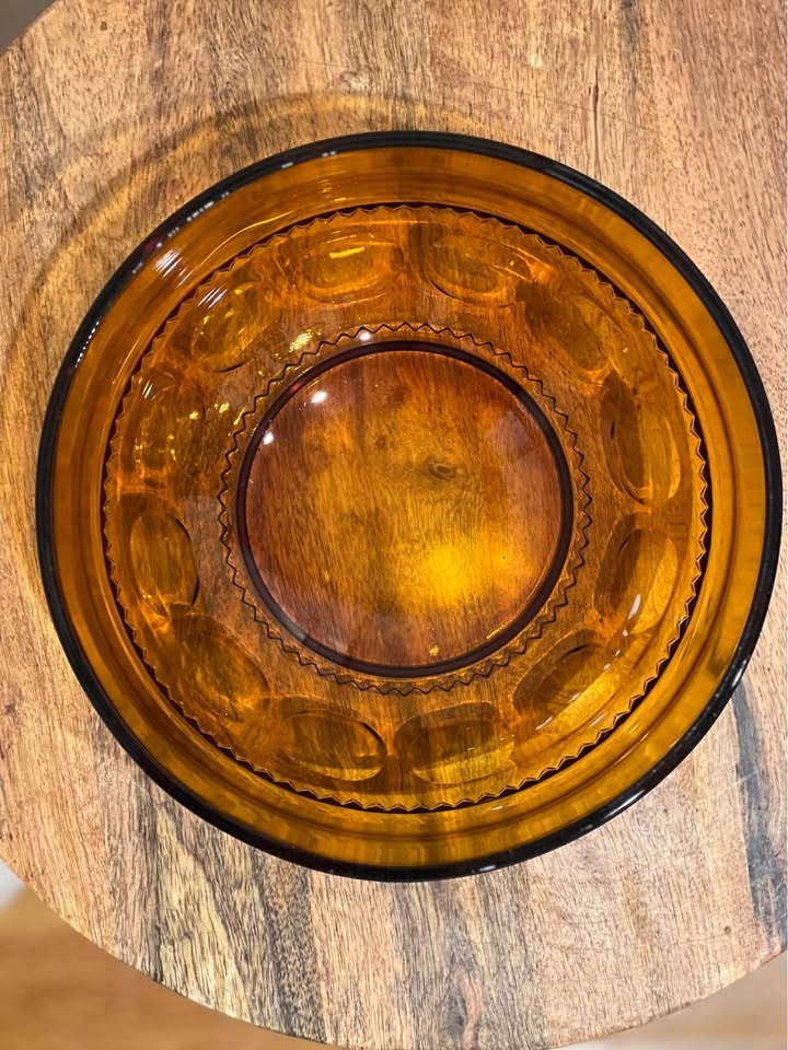 Vintage Indiana Glass Bowl Amber Kings Crown 9.25” Round MCM - photo 3