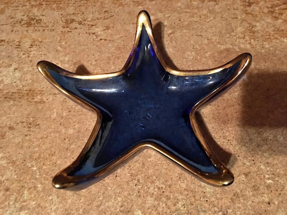 Recycled Cobalt Glass Starfish Trinket Dish with Gold Rim