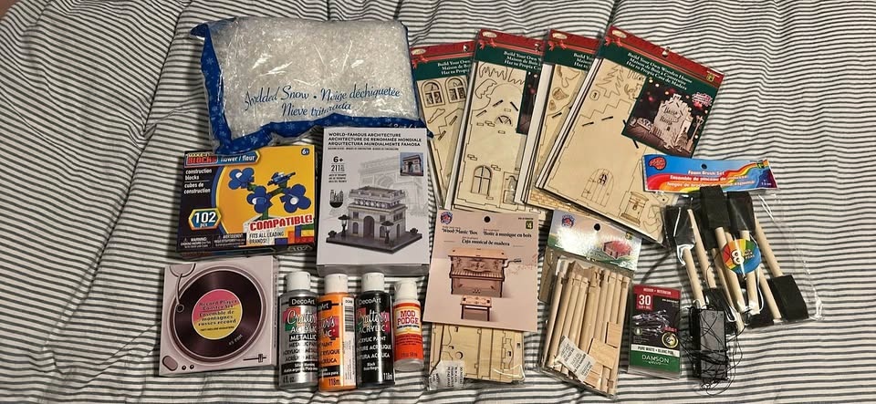 Craft Supplies Lot - Wooden Houses, Building Blocks, Paints & Mo