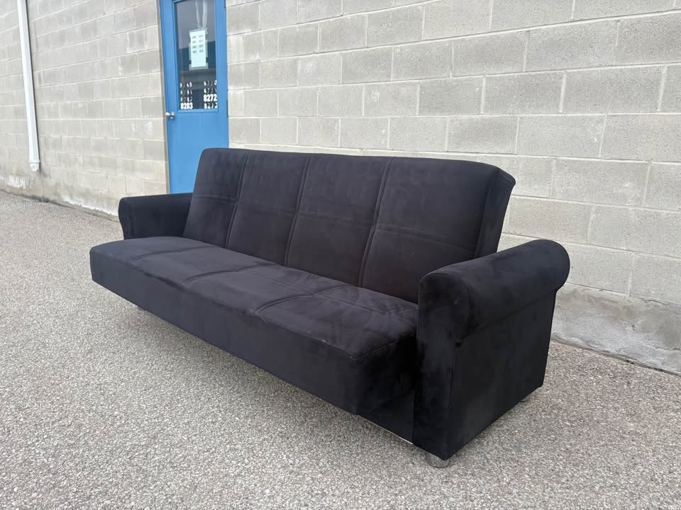 Black Suede Futon Sofa Bed - Free Delivery | Modern | Like-New - photo 3