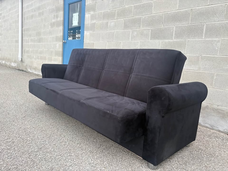 Black Suede Futon Sofa Bed - Free Delivery | Modern | Like-New - photo 4