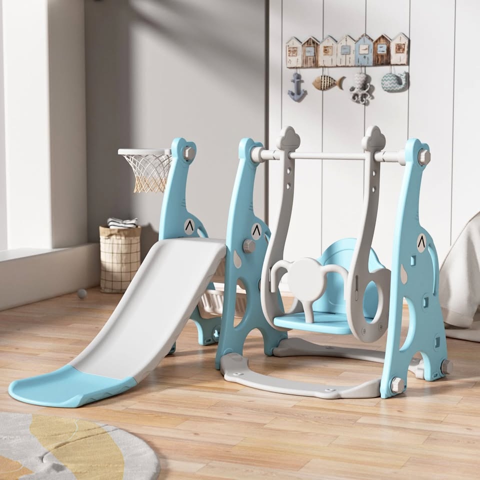 New 3-in-1 Slide and Swing Set with Basketball Hoop