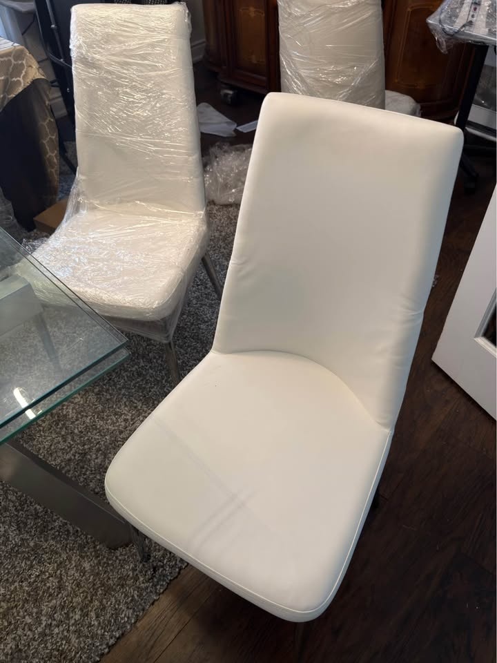 Glass Expandable Dining Table w/ 6 White Leather Chairs - photo 2