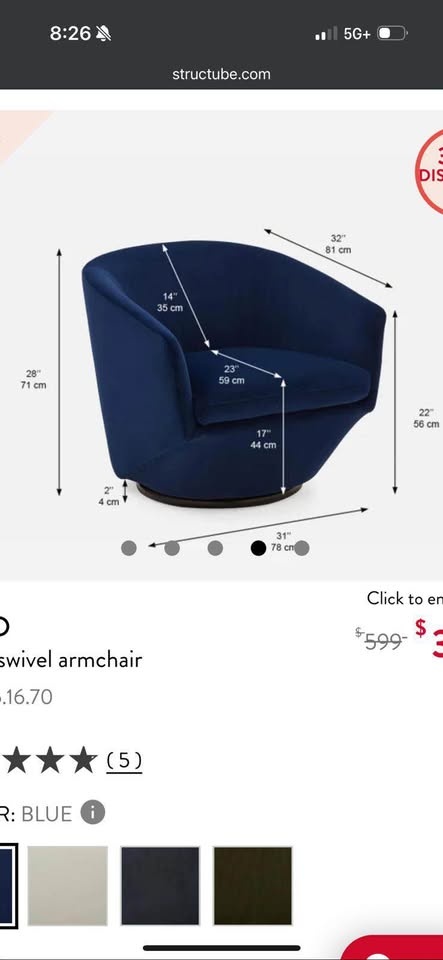Blue Velvet Swivel Accent Chair - Structube - photo 2