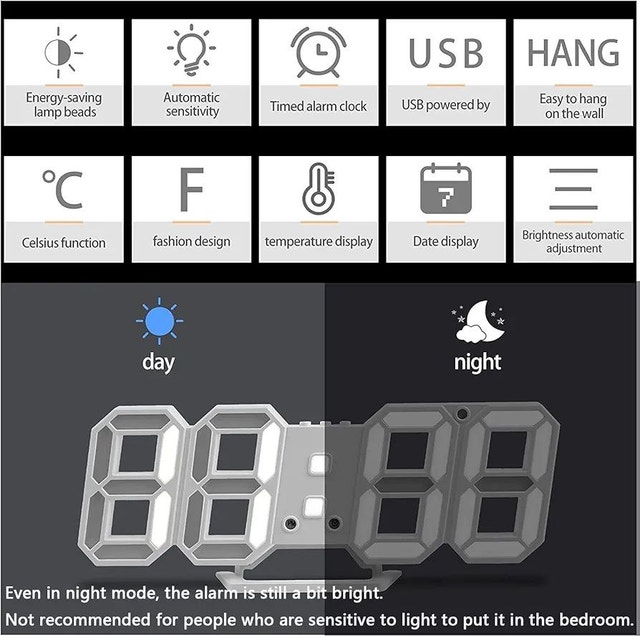 NEW Digital Alarm Clock, 3D Modern LED Wall Clock - photo 4