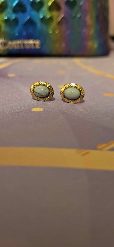 Gold Tone Oval Stud Earrings Grey Blue Stone