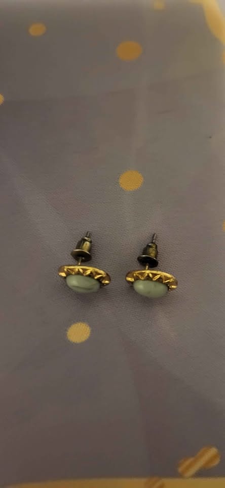 Gold Tone Oval Stud Earrings Grey Blue Stone - photo 2