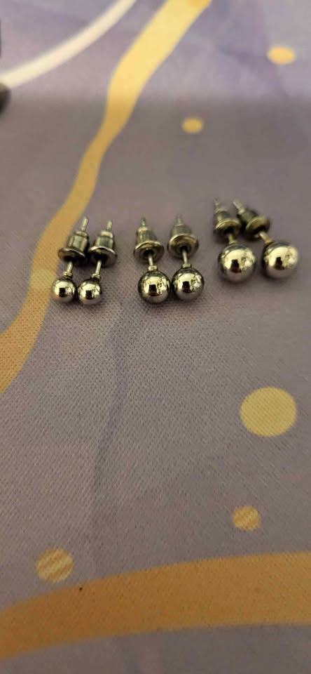 Silver Tone Ball Stud Earrings - 3 Pairs