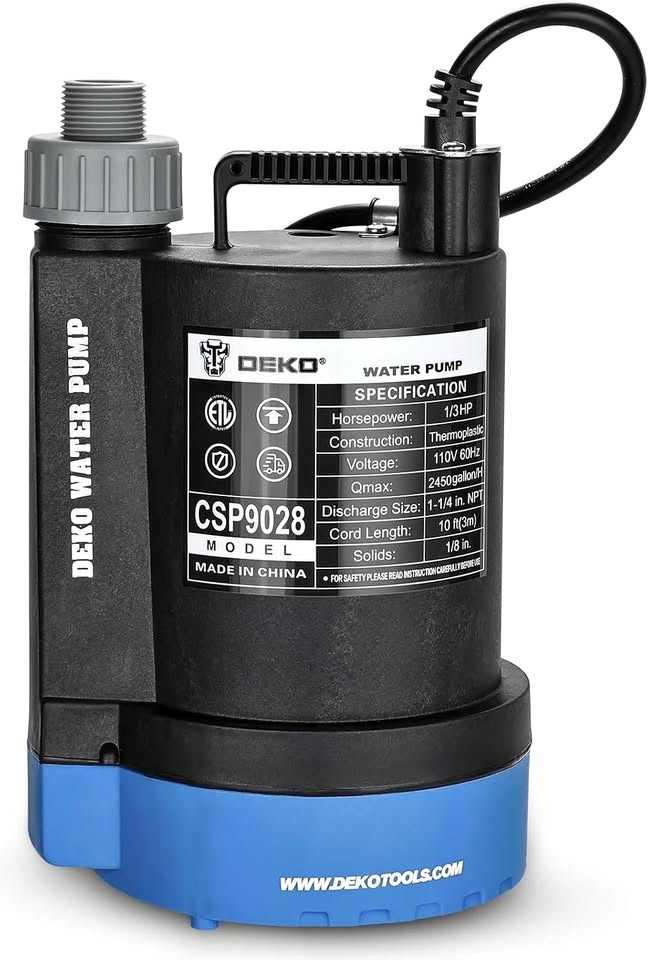 DEKOPRO Submersible Water Pump 1/3 HP 2450GPH Utility Pump