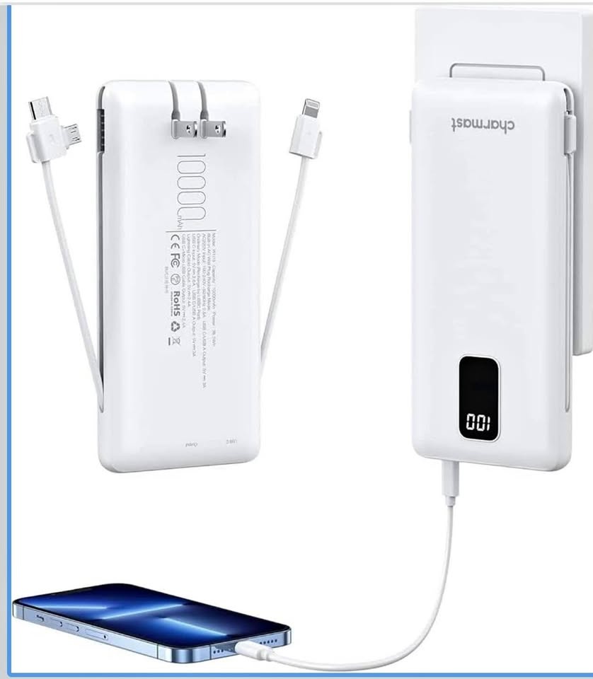 Charmast 10000mAh Portable Charger with Built-in Cables & AC Plu