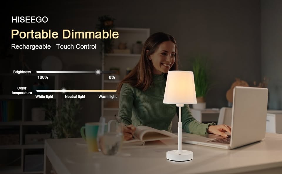 HISEEGO Cordless Table Lamp, Dimmable Touch Lamp - photo 3