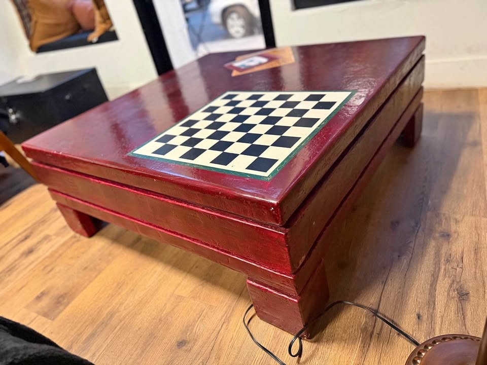 HANDMADE Red Coffee Table with Chessboard Top