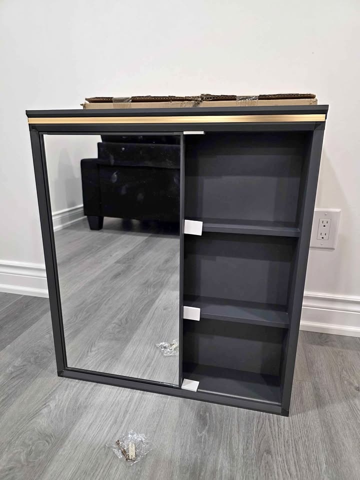 New Mirrored Wall Cabinet w/ Shelves - Dark Gray & Gold