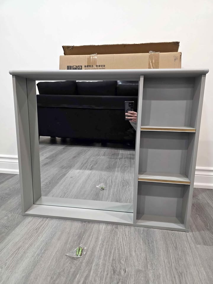 Grey Mirrored Aluminum Bathroom Cabinet w/ Shelves