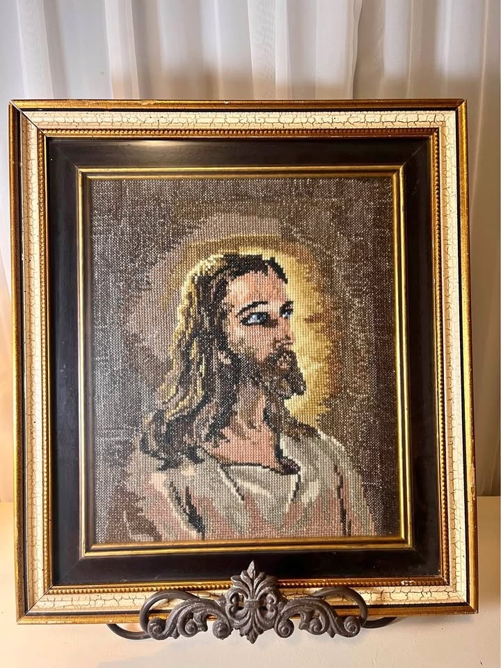 Vintage Framed Cross Stitch Jesus Christ Portrait