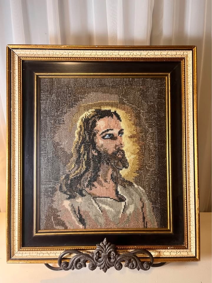 Vintage Framed Cross Stitch Jesus Christ Portrait - photo 2
