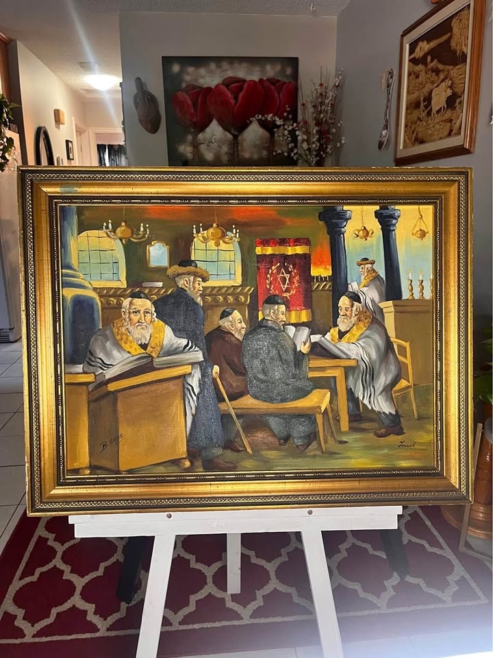 Vintage Judaica Oil Painting of Jewish Rabbis – Signed "B. Sade"