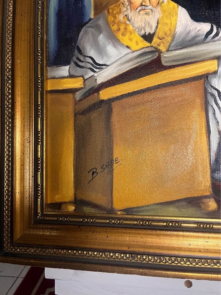 Vintage Judaica Oil Painting of Jewish Rabbis – Signed "B. Sade" - photo 4