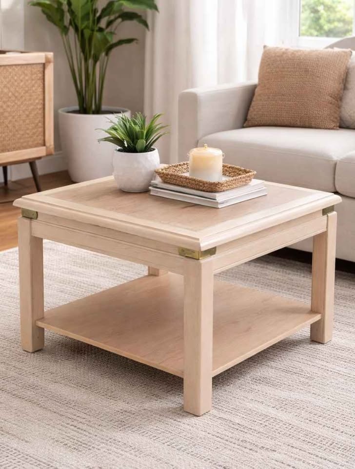 Wood end table with shelf + brass corners